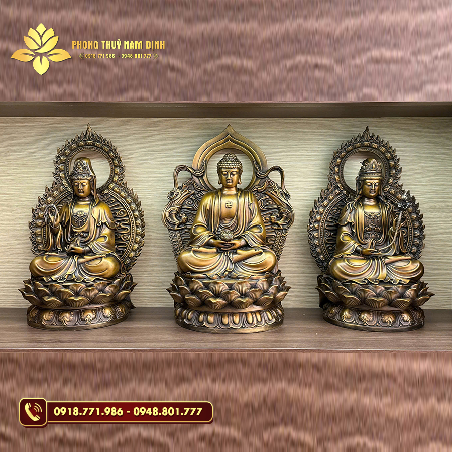 Bộ Tam Thế Phật hào quang bằng đồng
